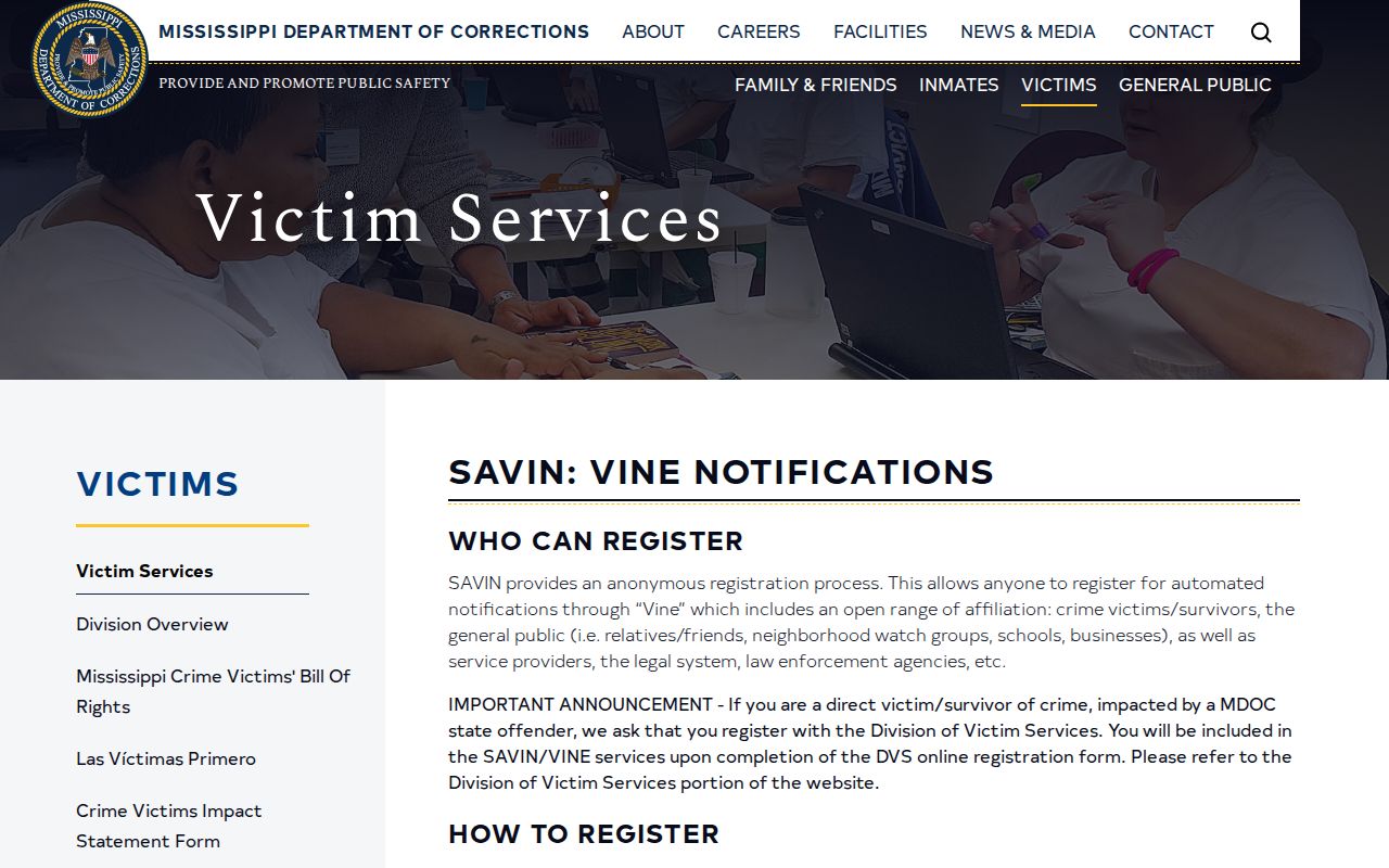 Mississippi VINE notification options for a Noxubee County 72-hour release check