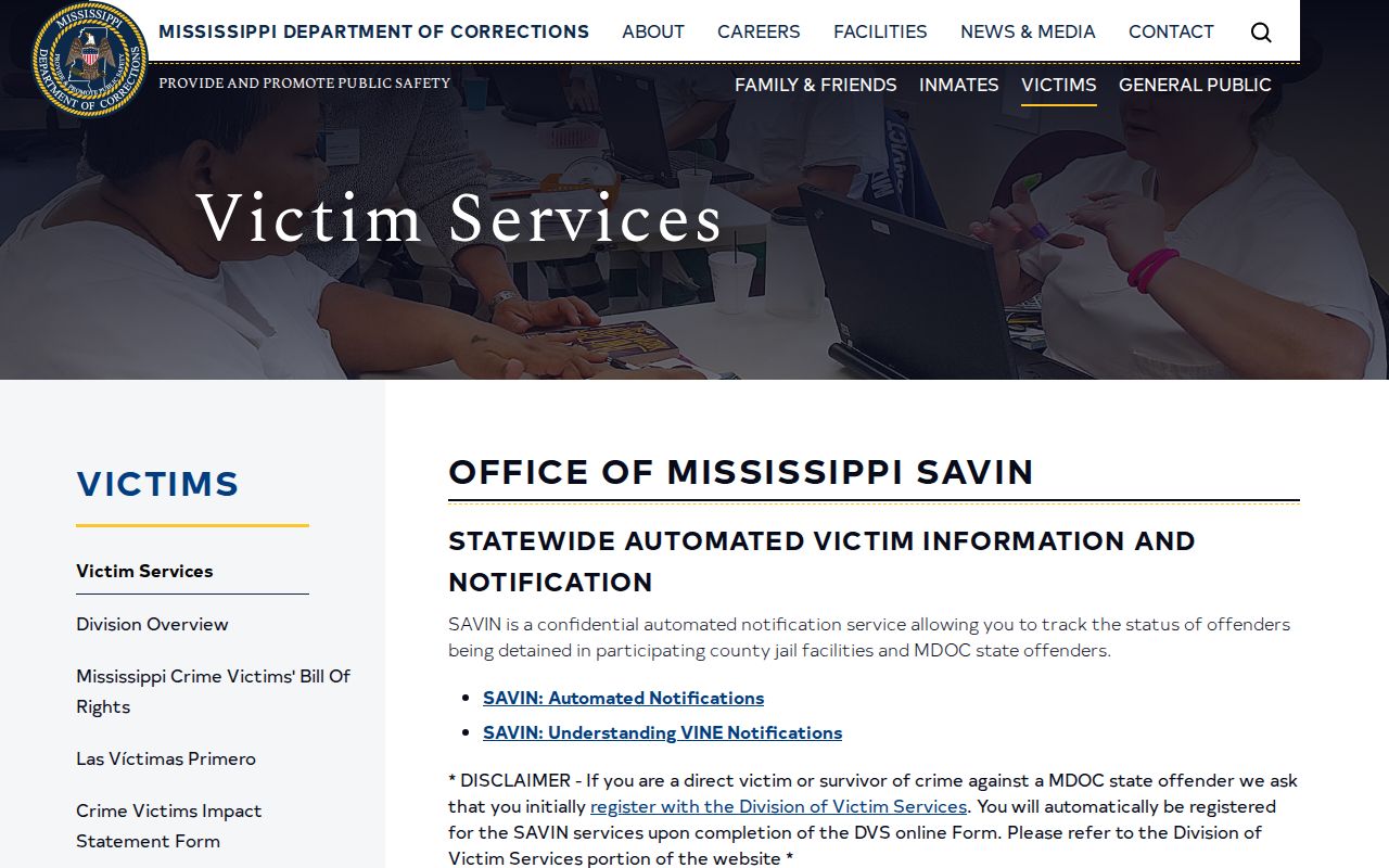 Noxubee County VINELink inmate check SAVIN coverage
